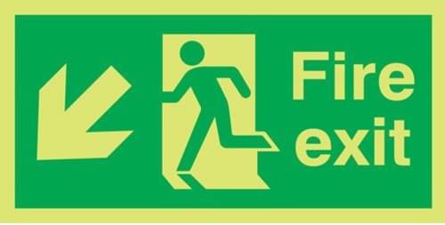 150x300mm Fire Exit Running Man Arrow Down Left - Xtra Glo Rigid