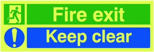 150x450mm Fire Exit Keep Clear - Nite Glo Self Adhesive