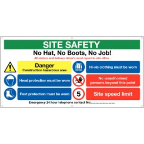 610x1220mm Site Safety No Hat No Boots - Banner Sign 500gsm