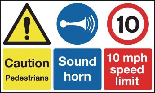 300x500mm Caution Pedestrians Sound Horn 10mph Speed Limit- Rigid