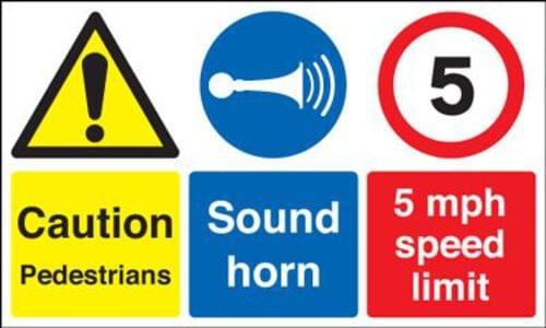 300x500mm Caution Pedestrians Sound Horn 5mph Speed Limit - Rigid