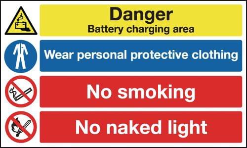 300x500mm Danger Battery Charging Area Wear Personal Protective Clothing No Smoking No Naked Light - Rigid