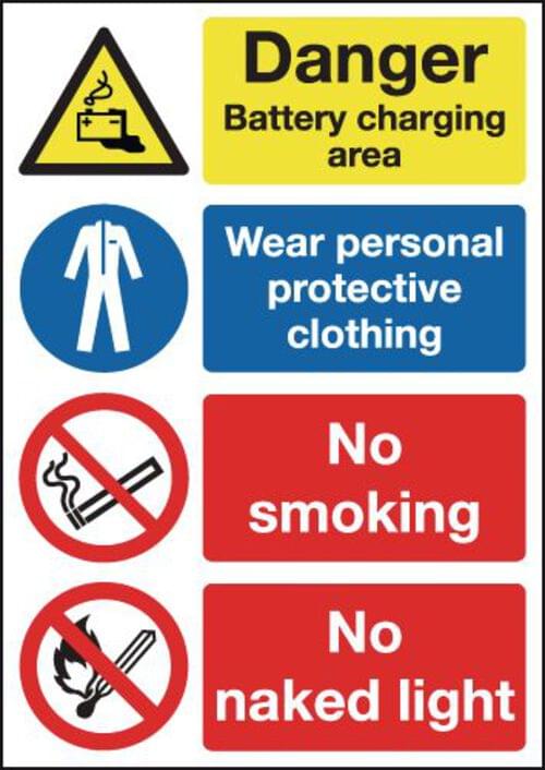 297x210mm Danger Battery Charging Area Wear Personal Protective Clothing No Smoking No Naked Light - Rigid