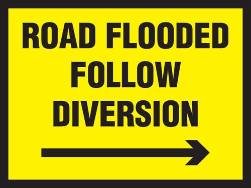 450x600mm Road Flooded Follow Diversion Arrow Right Stanchion Sign