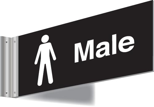 150x300mm Male Double-sided Washroom Sign - T Bar - White text on black background
