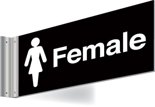 150x300mm Female Double-sided Washroom Sign - T Bar - White text on black background