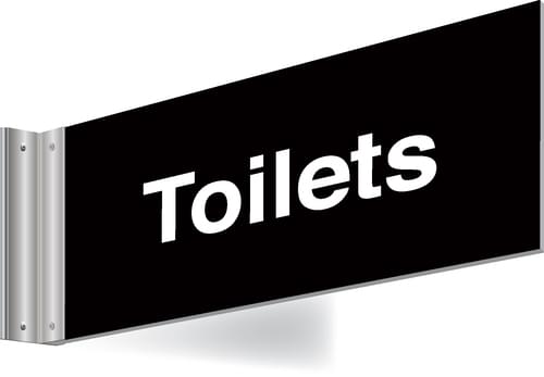 150x300mm Toilets Double-sided Washroom Sign - T Bar - White text on black background