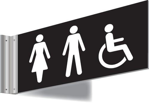 150x300mm Male Female Disabled Symbol Double-sided Washroom Sign - T Bar - White text on black background