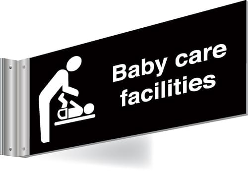 150x300mm Baby care facilities Double-sided Washroom Sign - T Bar - White text on black background