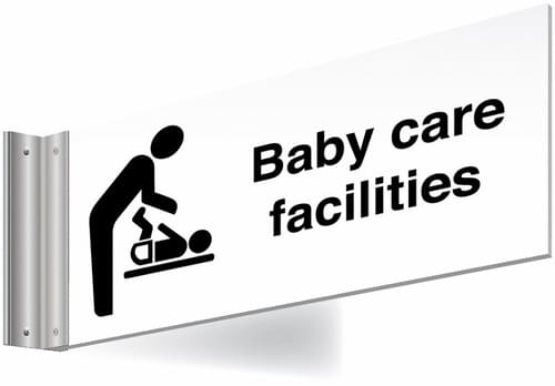 150x300mm Baby care facilities Double-sided Washroom Sign - T Bar - black text on white background