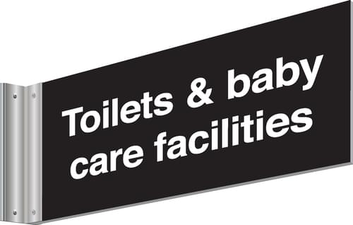 150x300mm Toilet & baby care facilities Double-sided Washroom Sign - T Bar - White text on black background
