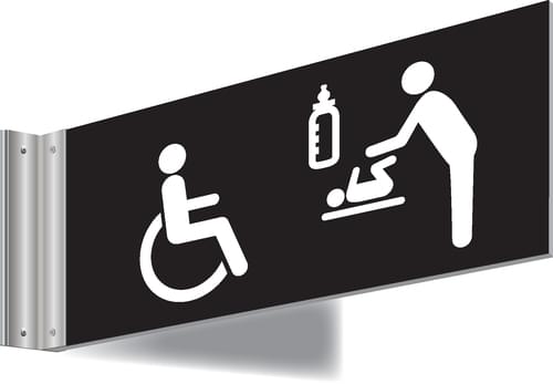150x300mm Disabled & Baby changing Symbol Double-sided Washroom Sign - T Bar - White text on black background