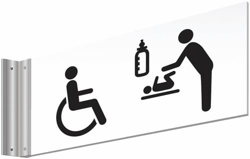 150x300mm Disabled & Baby changing Symbol Double-sided Washroom Sign - T Bar - black text on white background