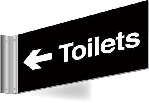 150x300mm Toilets left arrow Double-sided Washroom Sign - T Bar - White text on black background