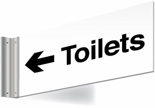 150x300mm Toilets left arrow Double-sided Washroom Sign - T Bar - black text on white background