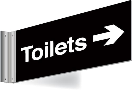 150x300mm Toilets right arrow Double-sided Washroom Sign - T Bar - White text on black background