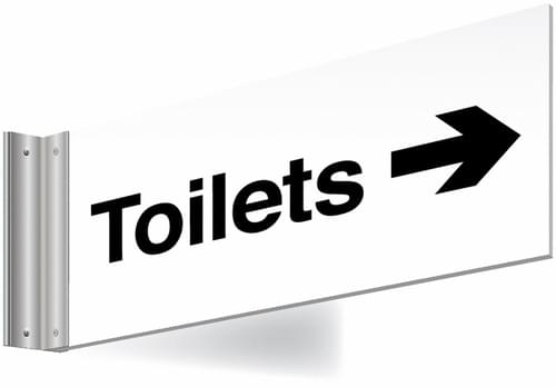 150x300mm Toilets right arrow Double-sided Washroom Sign - T Bar - black text on white background
