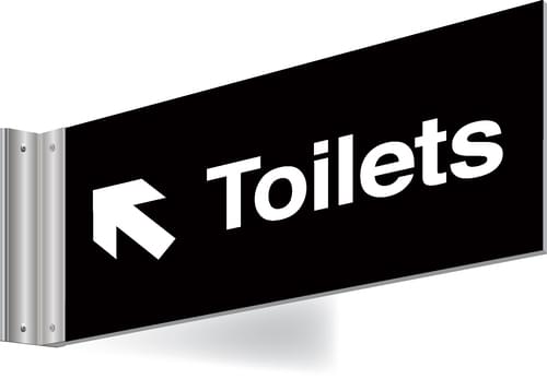 150x300mm Toilets left up arrow Double-sided Washroom Sign - T Bar - White text on black background