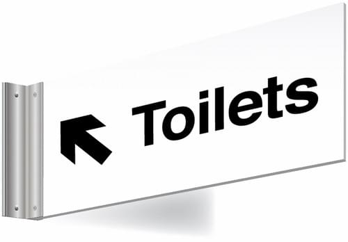 150x300mm Toilets left up arrow Double-sided Washroom Sign - T Bar - black text on white background
