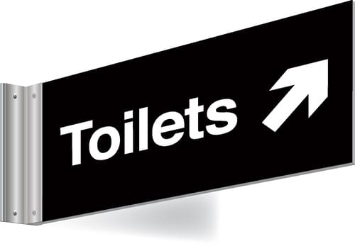 150x300mm Toilets right up arrow Double-sided Washroom Sign - T Bar - White text on black background