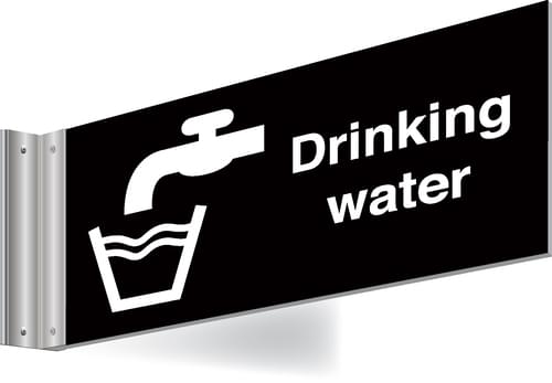 150x300mm Drinking water Double-sided Washroom Sign - T Bar - White text on black background
