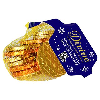 Divine Fairtrade Milk Chocolate Coins 65g bags x 25