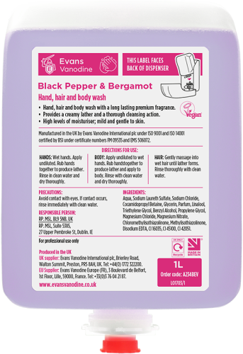 Evans Black Pepper & Bergamot Hand, Hair & Bodywash 1ltr