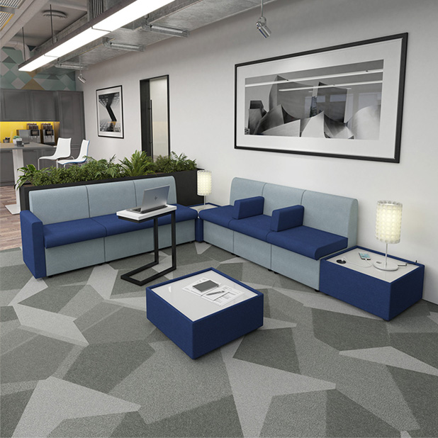 Reception desks and seating for business entrance areas