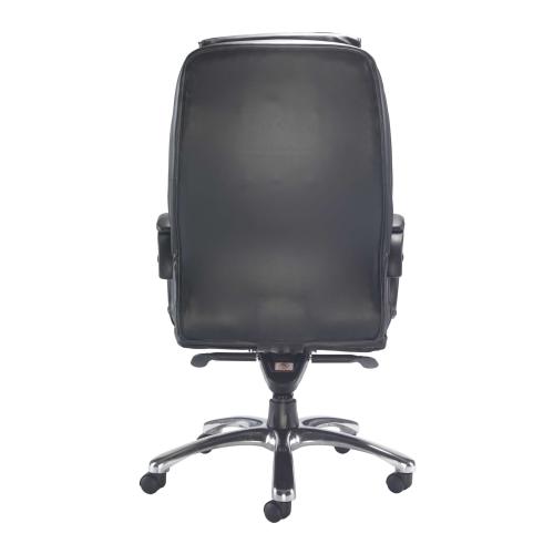 Black executive office chair displayed from the back view