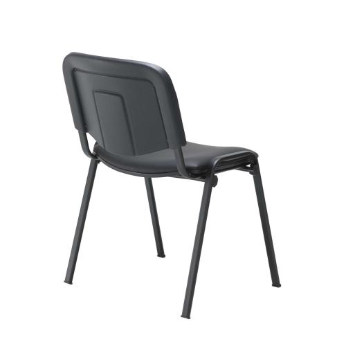 Angle view of the Club Chair featuring cushioned seating, black steel frame, and stackable design.
