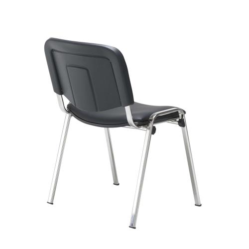 Angle view of the Club Chair featuring cushioned seating, chrome steel frame, and stackable design.