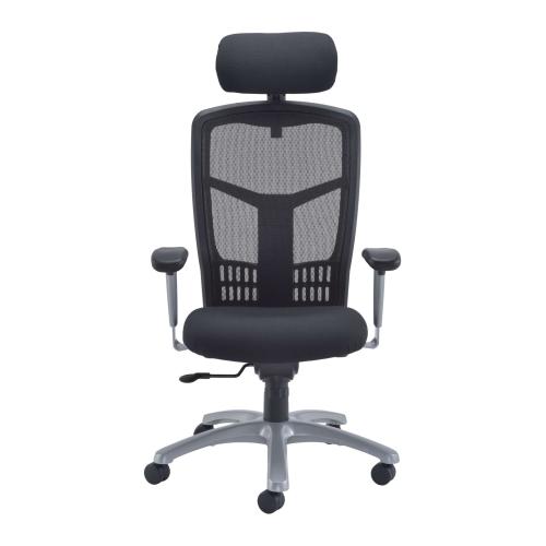 Front view of the Fonz ergonomic office chair with breathable mesh back, integral headrest, adjustable armrests, and physio-approved design.