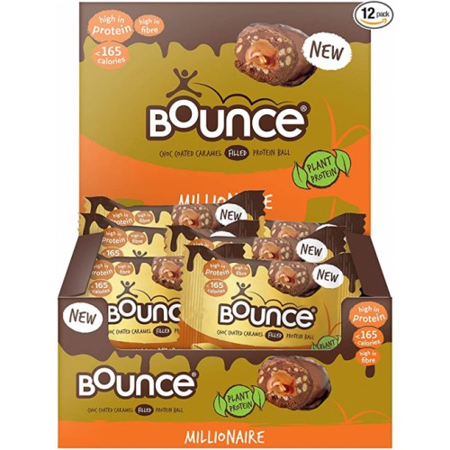 Bounce Caramel Millionaire Plant Protein Balls, Coated in Smooth Dark Chocolate, 12 x 40g Individual Vegan Protein Balls