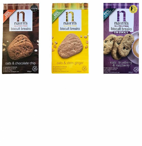 Nairn's Gluten Free Biscuit Breaks Multipack - 3 Flavours - Chocolate Chip, Oats & Stem Ginger, Oats Blueberry and Raspberry 160g (3 Pack)