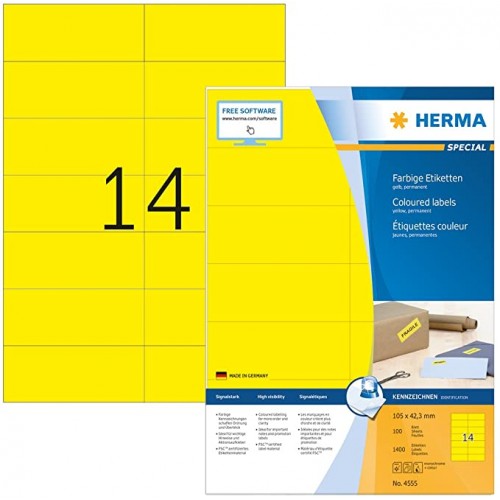 Self Adhesive Coloured Labels, 14 Labels Per A4 Sheet, 1400 Labels For Printers, Yellow, 105 x 42.3MM