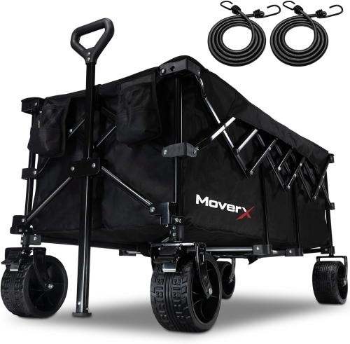 MoverX 300L Festival Trolley on Wheels, Folding Wagon, Portable Camping Cart, Collapsible Foldable Trolly for Beach Outdoor Garden Picnic Shopping Fishing, Wide Wheels, Adjustable Handle, Black