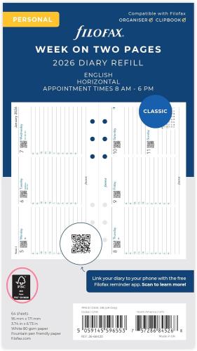 Filofax Personal horizontal week on two pages with appointments English 2026 diary 26-68420