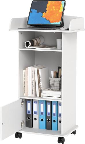 Wooden Podium White Lectern with Storage Shelf Podium Stand and Cabinet