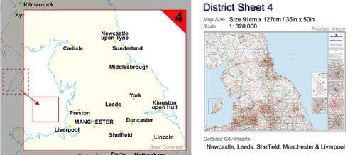 Postcode Wall Map Of Northern England Newcastle-Leeds-Manch-Liver D4