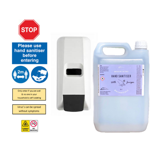 Hand Sanitiser Station Kit with Wall Mounted Dispenser, Signs, 5L Sanitiser