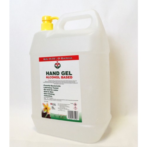 Hand Sanitizer Gel Large Bulk 5L Bottle-UK British Made-BS EN 1276 1500-Kills 99.99% Bacteria-Food Safe