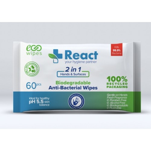 12 Packs Antibacterial React Cleaning Wet Wipes Eco BIODEGRADABLE for Hands & Surfaces Flushable by Unbranded, WIPE60x12