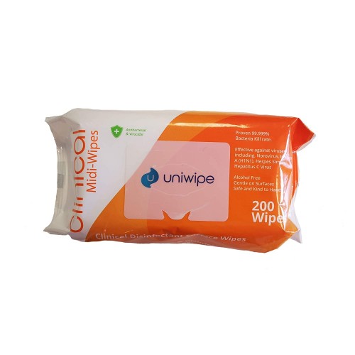 Uniwipe Clinical Disinfectant Antibacterial Antiviral Surface Sanitising Wet Wipe Large PK 200 22x20cm EN 1276-13727-14476