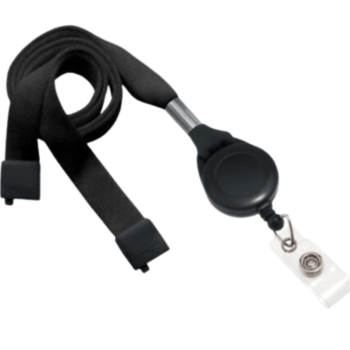 Black 16 mm OptiWeave Breakaway Lanyard with attached Black Badge Reel - Clear Vinyl Strap