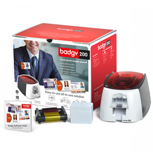 Evolis Badgy 200 Printer Bundle Package with Printer, Full Colour Ribbon, 100 Blank Plastic Cards & Evolis Badge Studio+ Card Design Software
