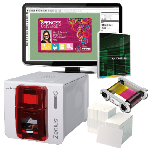 Evolis Zenius GO GREEN ID Card Printer Bundle with Printer, Colour Ribbon, 100 Bio Degradable Cards & Lanyards and Card Design Software