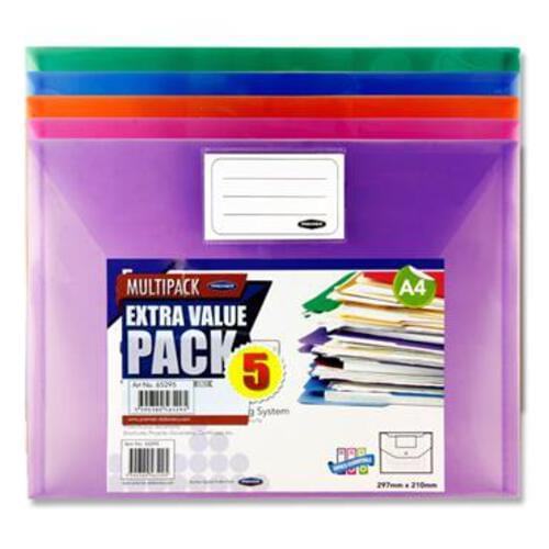 Premier Office Pkt.5 A4 My Clear Bag Button Wallets - Coloured