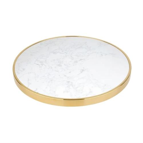 Bolero Round Marble Tabletop with Brass Effect Rim White 600mm