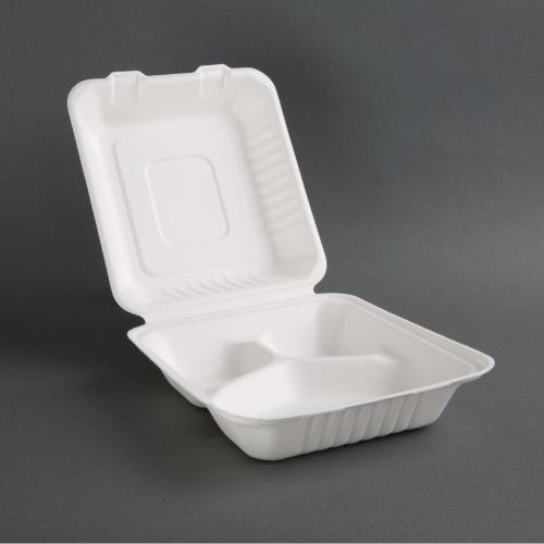 Fiesta Green 3-Compartment Hinged Bagasse Container - 8x8" (Box 200)