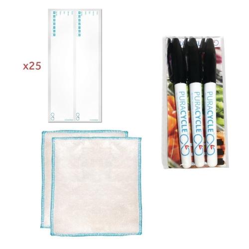 PuraCycle Reusable Pepped Bottle Label & Pen Pack (25 Labels 3 Pens 2 Cloths)